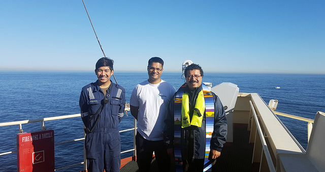 AoS Cape Town port chaplain Fr Gerardo Garcia on board a ship with seafarers