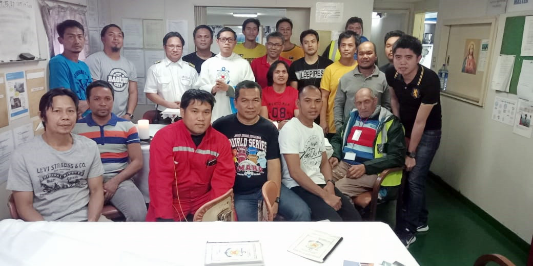 Fr Rico celebrates Mass on board ship for the first time 