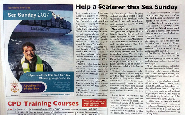 Sea Sunday 2017 article in Cape Town Archdiocese newspaper