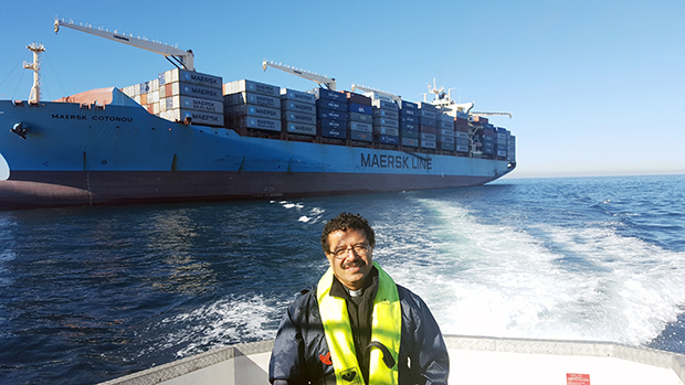 Fr Gerardo Garcia Apostleship of the Sea Cape Town port chaplain with crew members of Maersk Cotonou 