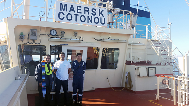 Fr Gerardo Garcia Apostleship of the Sea Cape Town port chaplain with crew members of Maersk Cotonou 